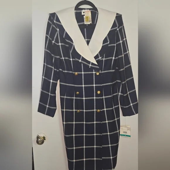 Y2k Leslie Fay Navy and White Checkered Blazer Dress with Gold Buttons - Picture 3 of 7